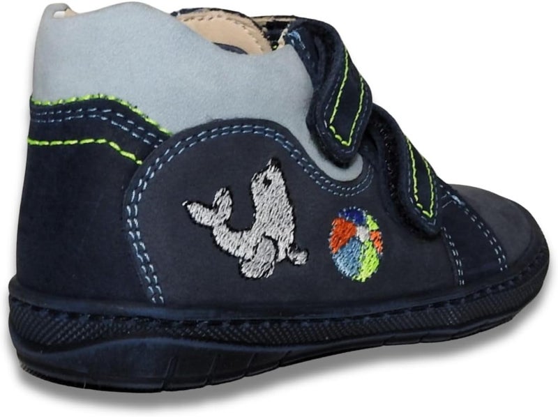 Szamos Kids Boys’ Genuine Leather Shoes – Ergonomic Supportive Sole, Stable Heel, Flexible Forefoot, Adjustable Hook & Loop Straps, Embroidered – Navy with Seal & Ball Design - Image 2